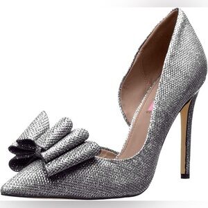 Betsey Johnson Prince-P D'Orsay Heels Bow Sparkle Silver Pewter Shoes Size 9